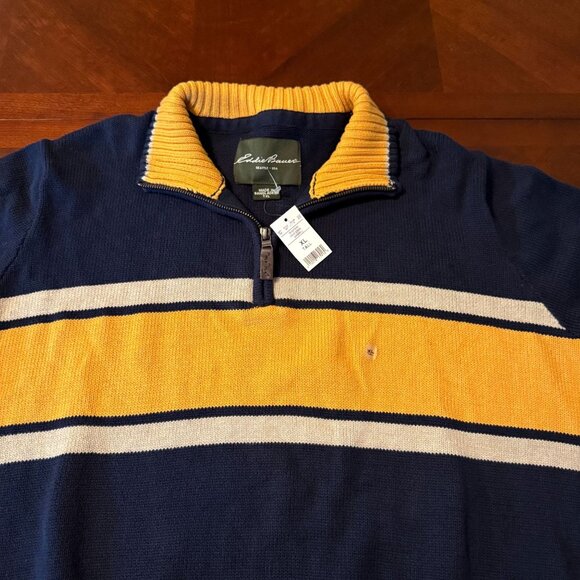 Eddie Bauer XL Tall Mens Navy Yellow Striped 1/4 Zip Sweater 100% Cotton - Picture 6 of 11